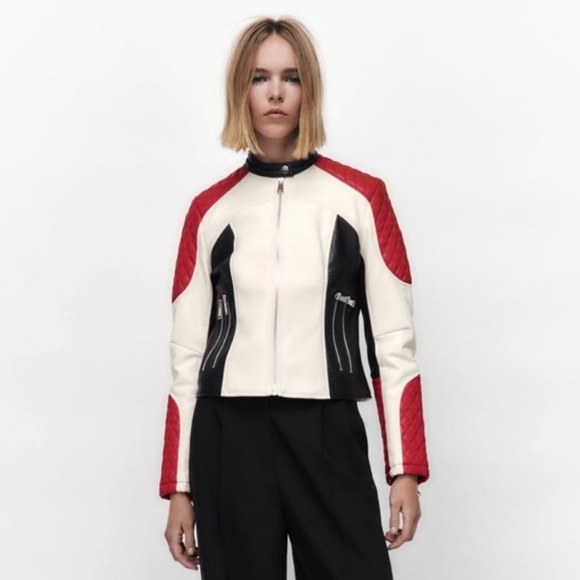Zara Jackets & Blazers - ZARA Faux leather zippered racer jacket black red size M motorcycle